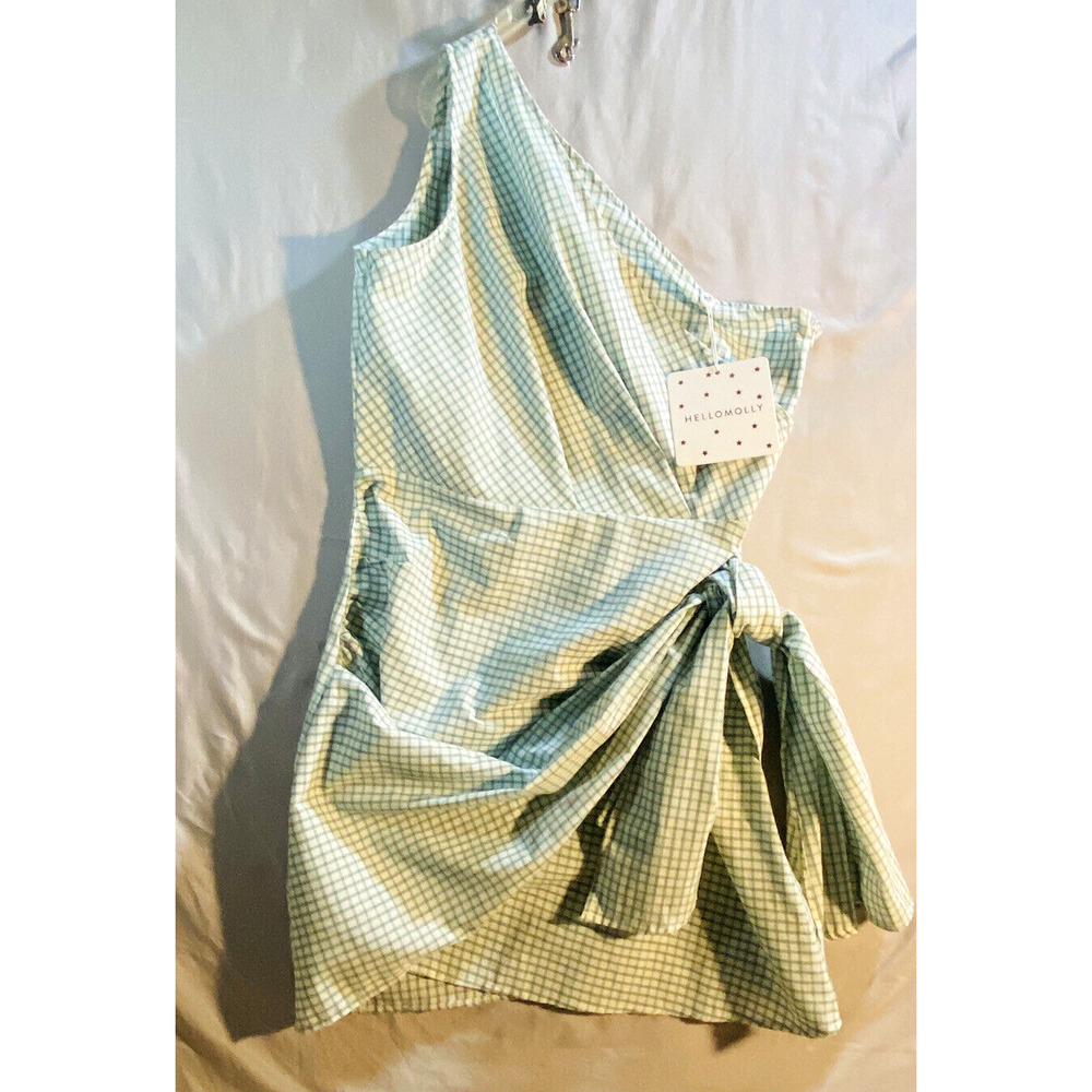 Hello Molly One Shoulder Dress Womens Sz L Green Gingham Faux Wrap Zip Up Cotton